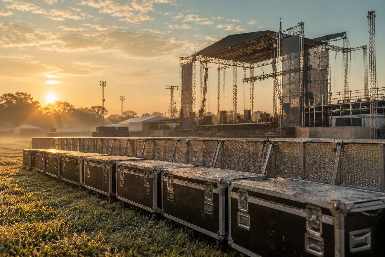 Empty road cases lined along a barricade at dawn beside a half-built festival main stage