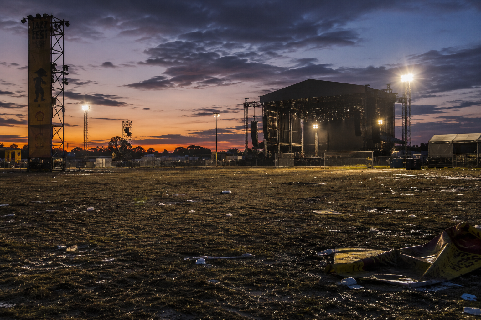 Empty festival field at dusk after the event, stage and lighting towers still standing under work lights with no crowd remaining.