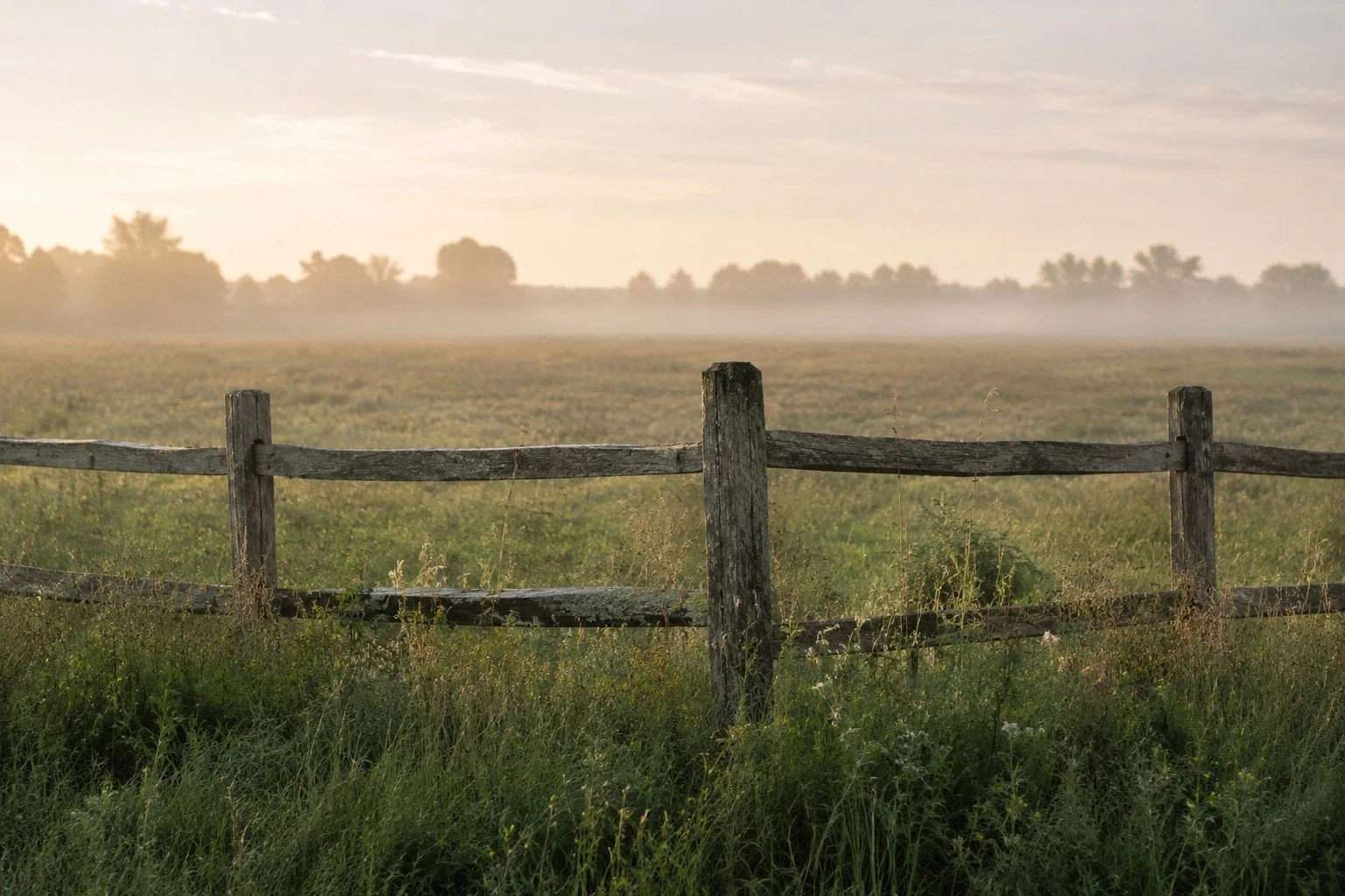 A weathered wooden fence standing alone in an open field, with no visible purpose.