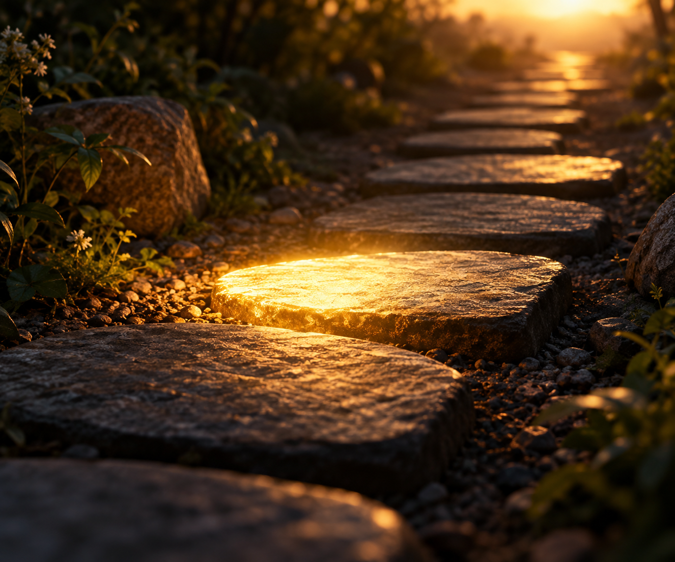 A single stepping stone illuminated by golden light along a shadowed garden path, symbolizing God's guidance, discernment, and faith one step at a time.