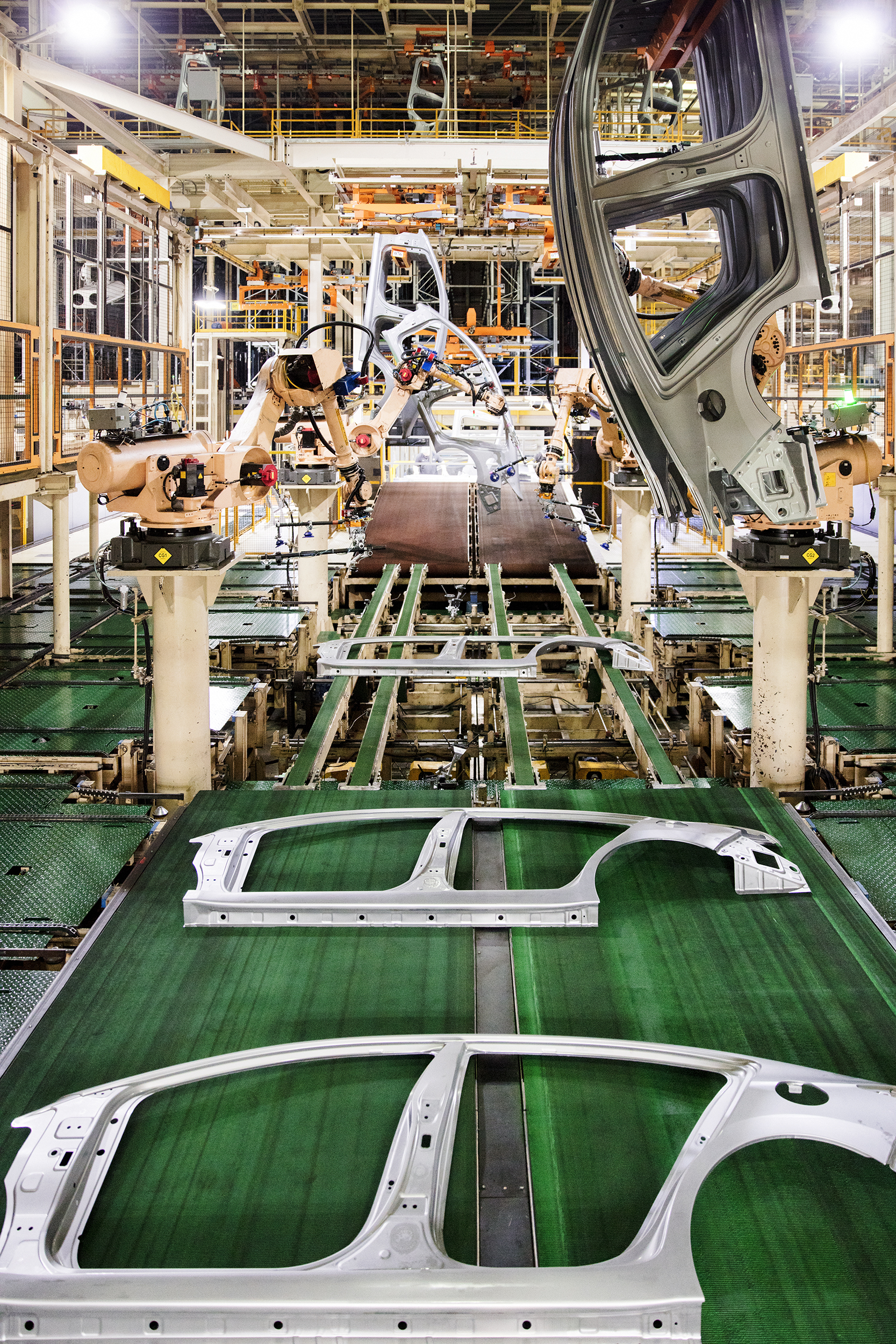 Robots in an automobile factory.