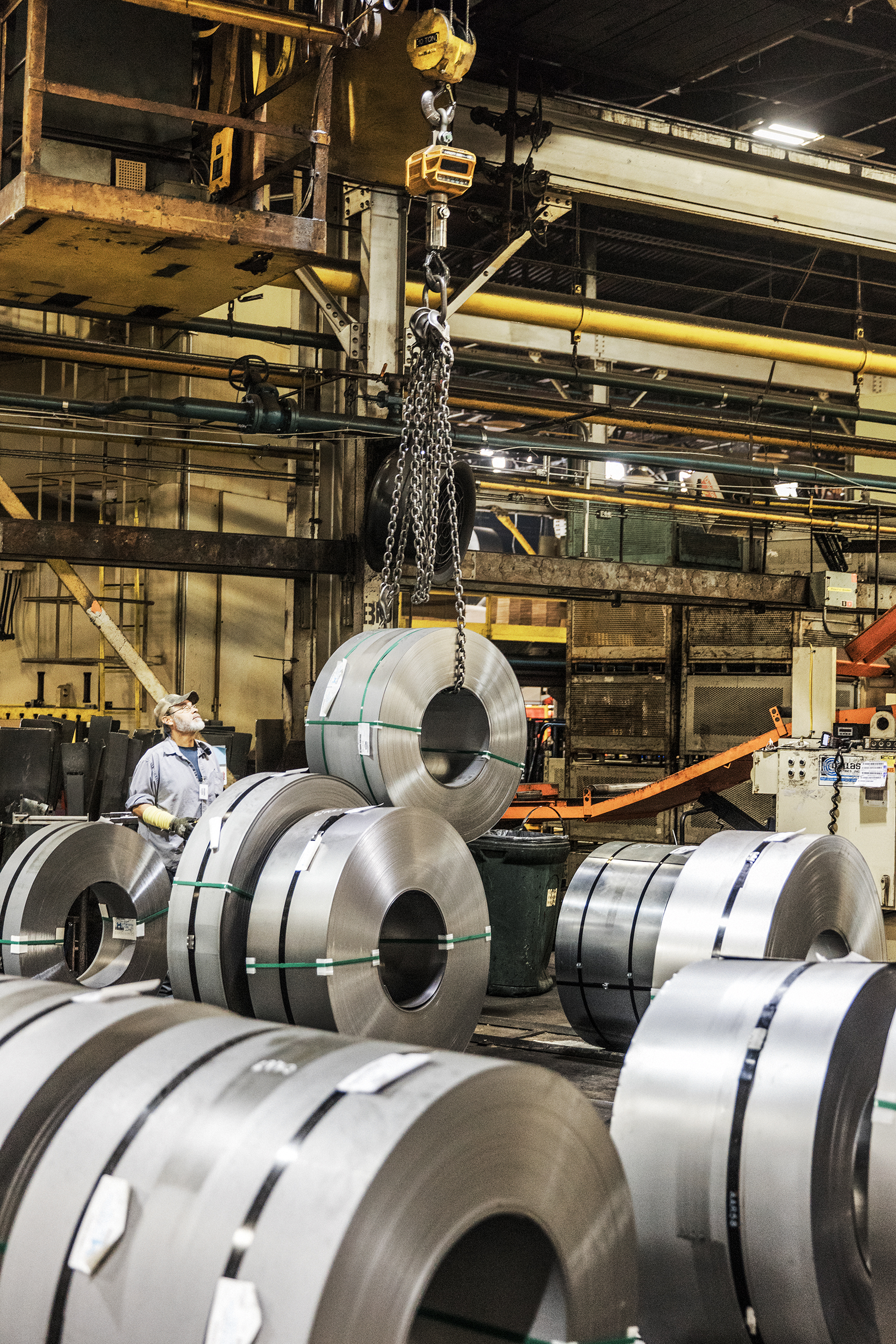 Rolls of metal at a plant.