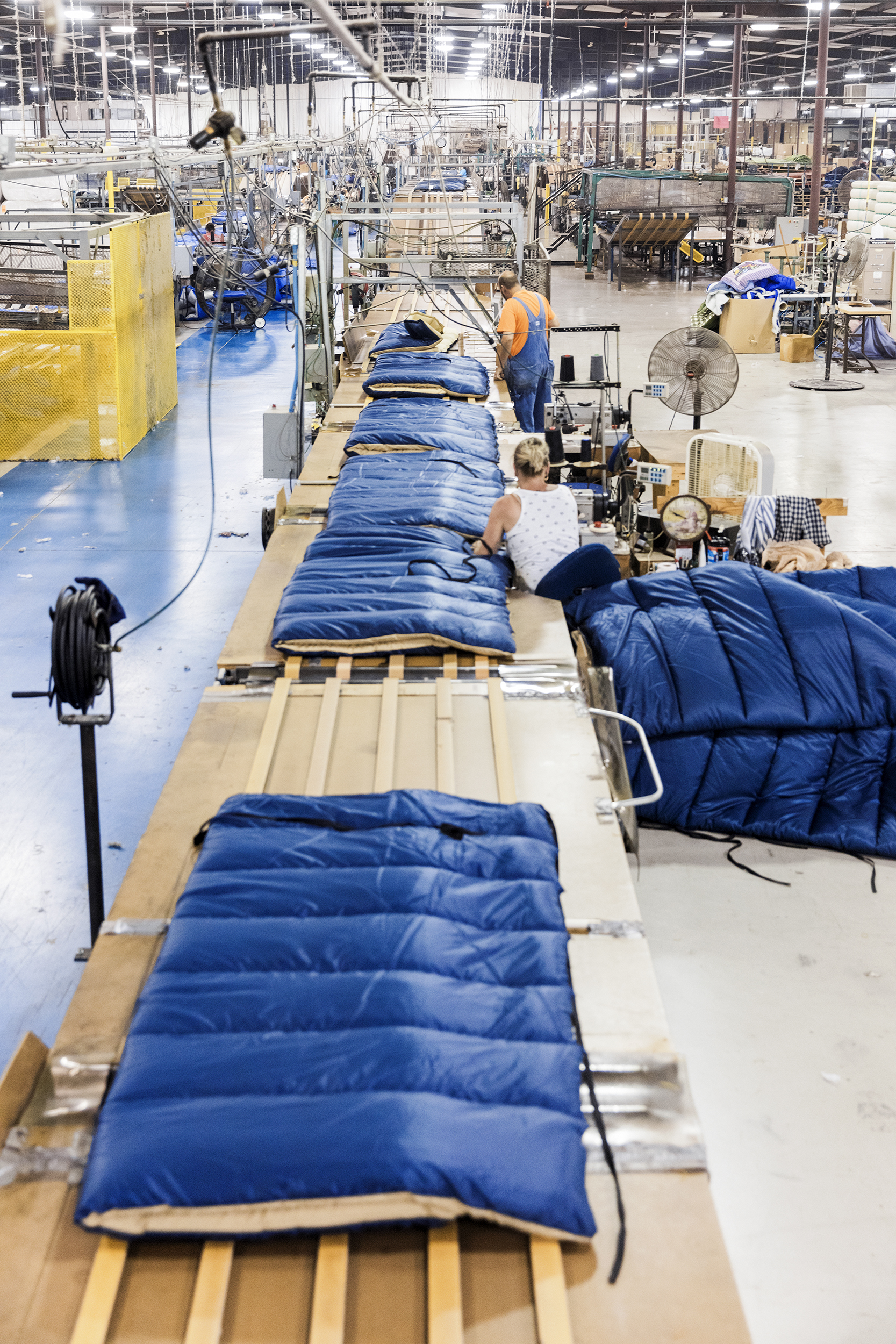 Sleeping bags while being manufactured.