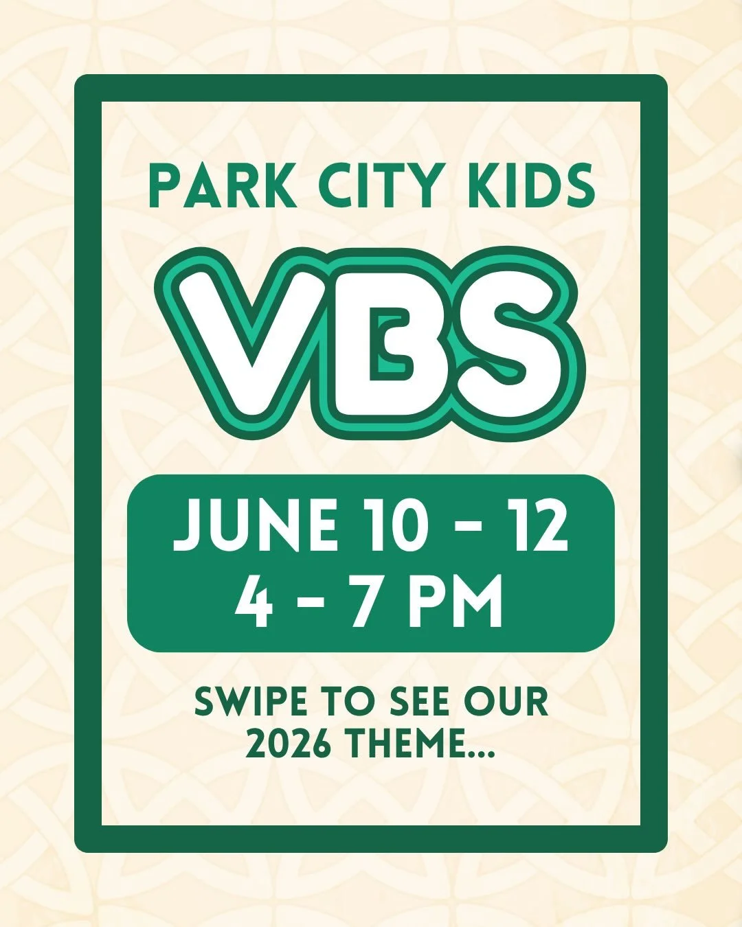 Our 2026 Park City Kids VBS is EMERALD CROSSING - An Irish Adventure Through Psalm 23 🐑 💚 

Mark your calendars for JUNE 10-12 from 4-7pm 📆

To sign up your kiddos, find the link on our website at our events page. We hope to see you there!