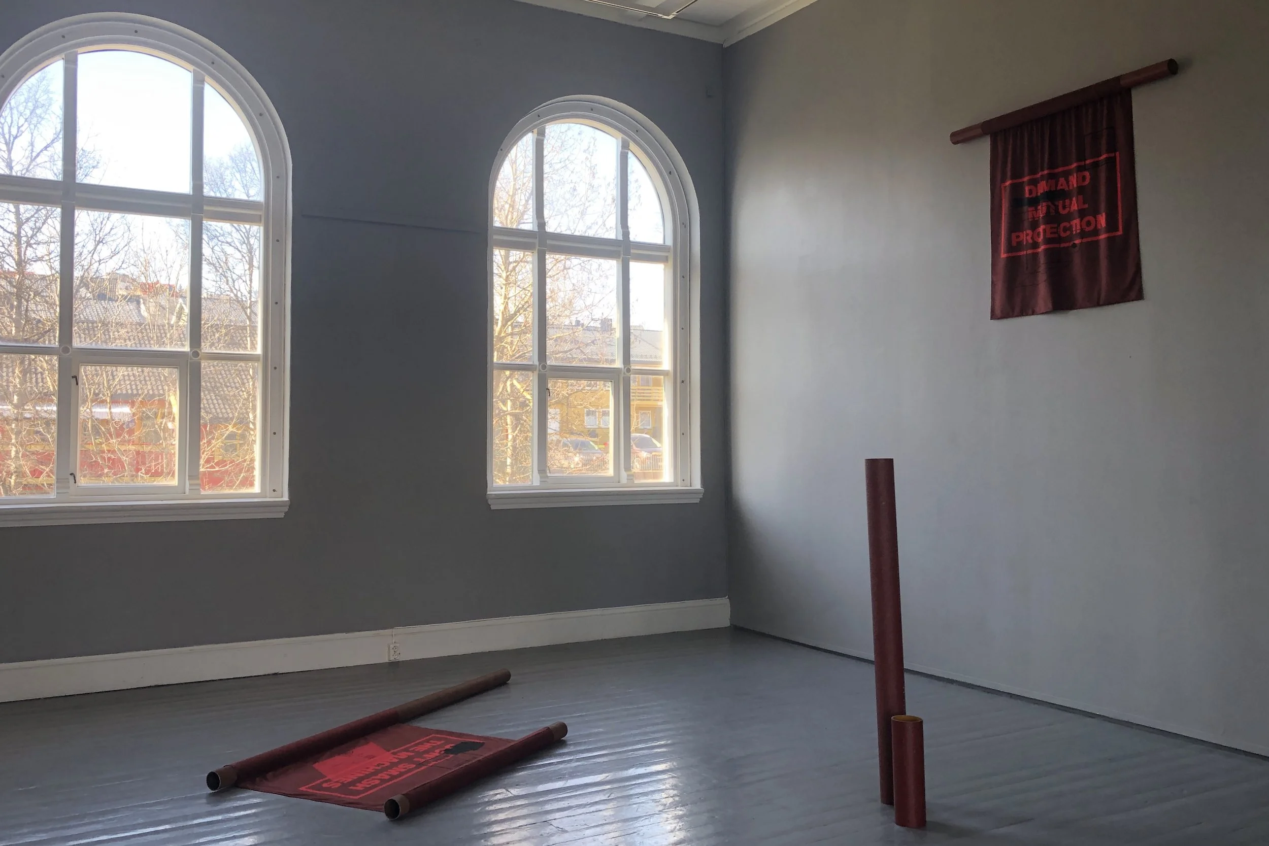 Bianca Hisse (MA): Four infrastructural movements for a burning social body (2019) Diagrams printed on fire-retardant textile and audio piece, 20 minutes. Photo: Hilde Sørstrøm