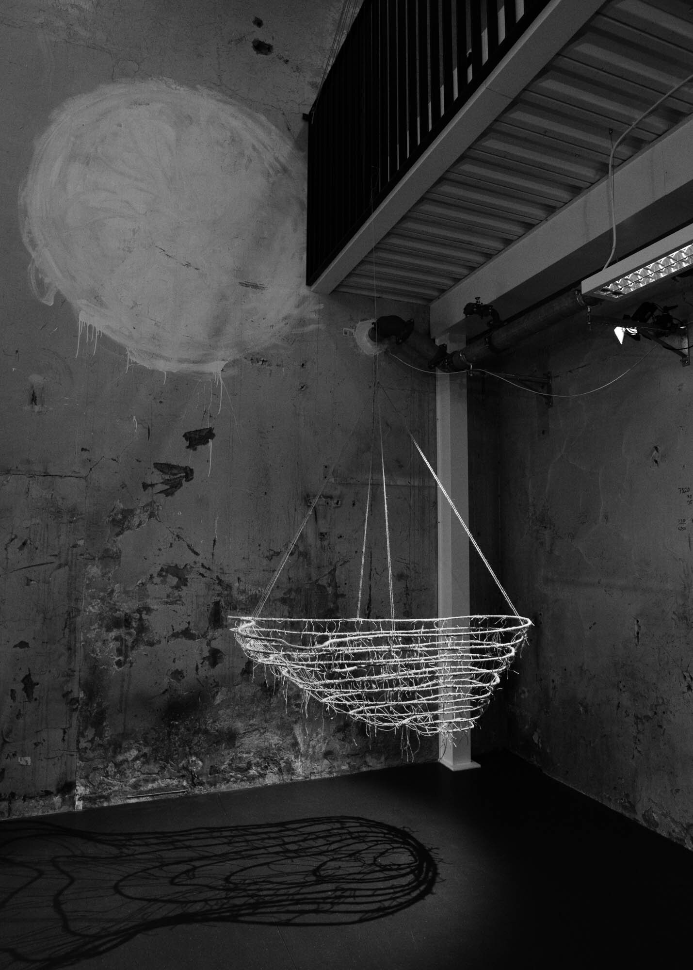  Veronica Mathisen’s hanging sculpture  Sea Land  made from jute and steel wire at Gallery Snerk.    Photo: Mihály Stefanovicz   