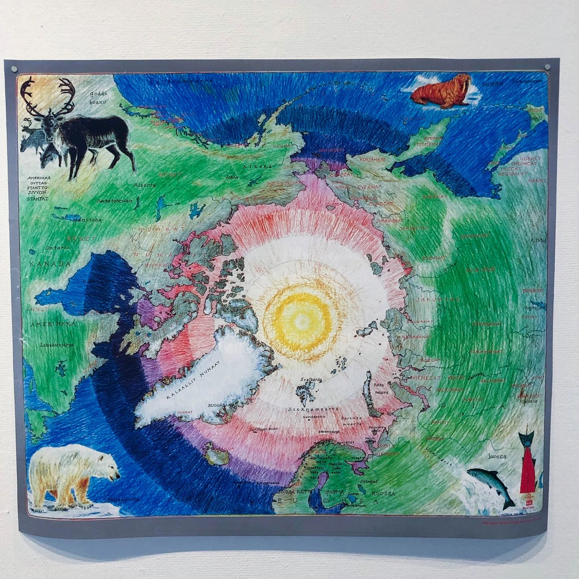   Davviálbmogat Indigenous people of the arctic  (1989-1990) by Elle Hánsa/Keviselie/Hans Ragnar Mathisen is one of many maps in the artist’s solo exhibition  ČSV- Terra Cognita  at the Tromsø Kunstforening. Photo: Hilde Sørstrøm 
