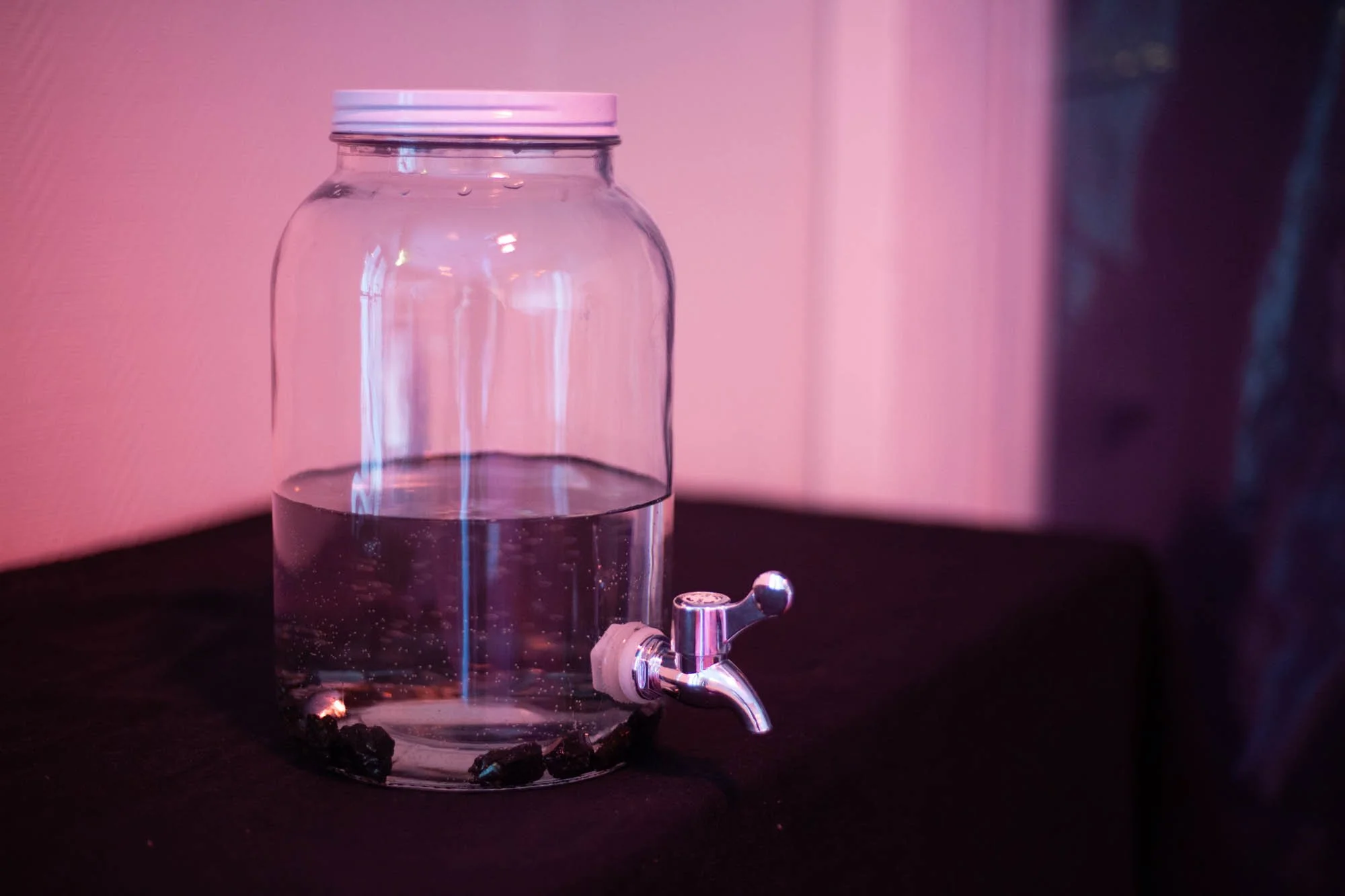  Visitors to the exhibition was given a glass of water infused with shungite stones from Karelia. Photo: Astrid Fadnes.  