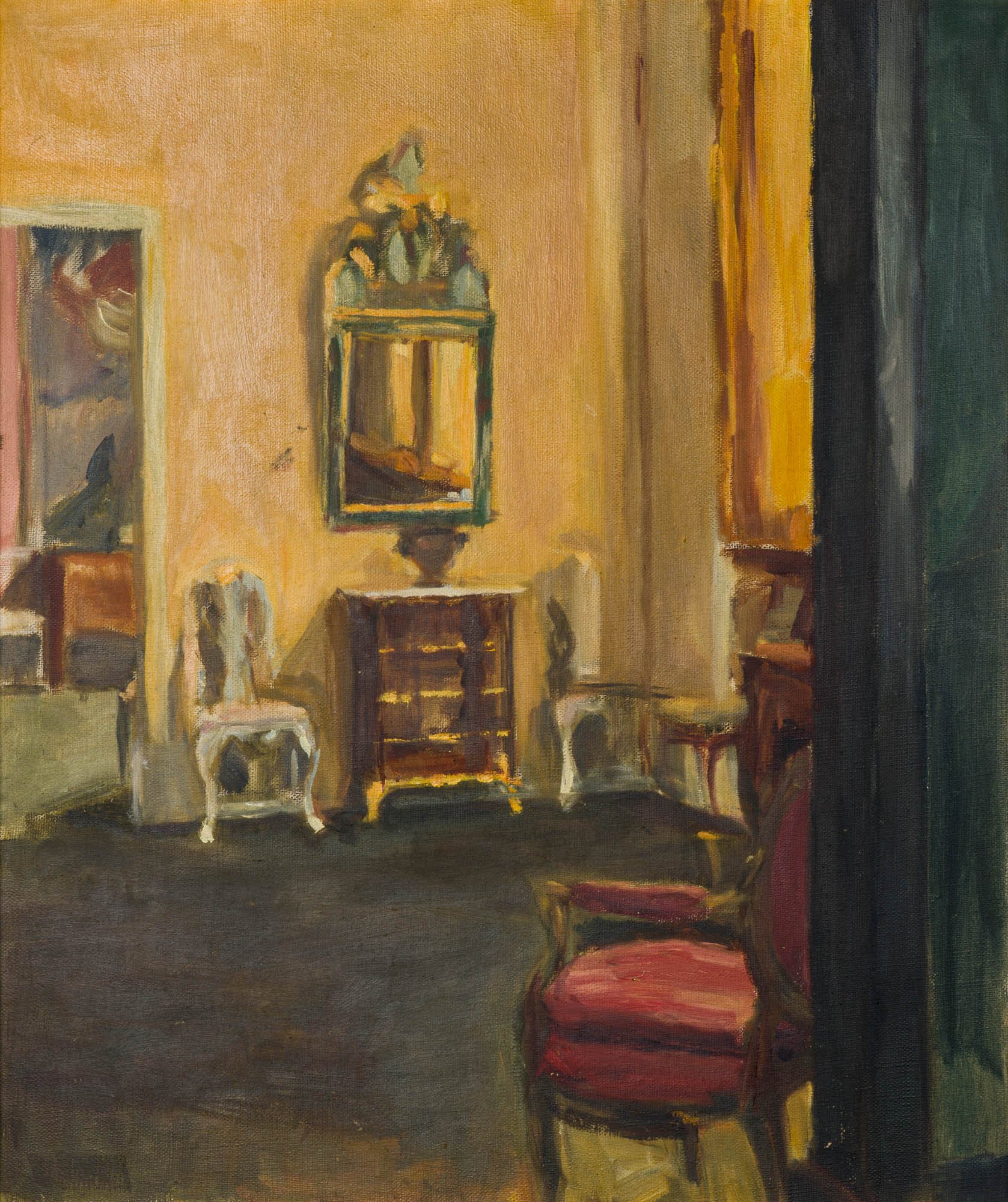  Maleri uten tittel som viser Interiør fra Kunstindustrimuseet i Oslo. Av Sara Fabricius. Malt i tiden Fabricius gikk i lære hos Harriet Backer. Foto: Mari Hildung/Perspektivet Museum.  