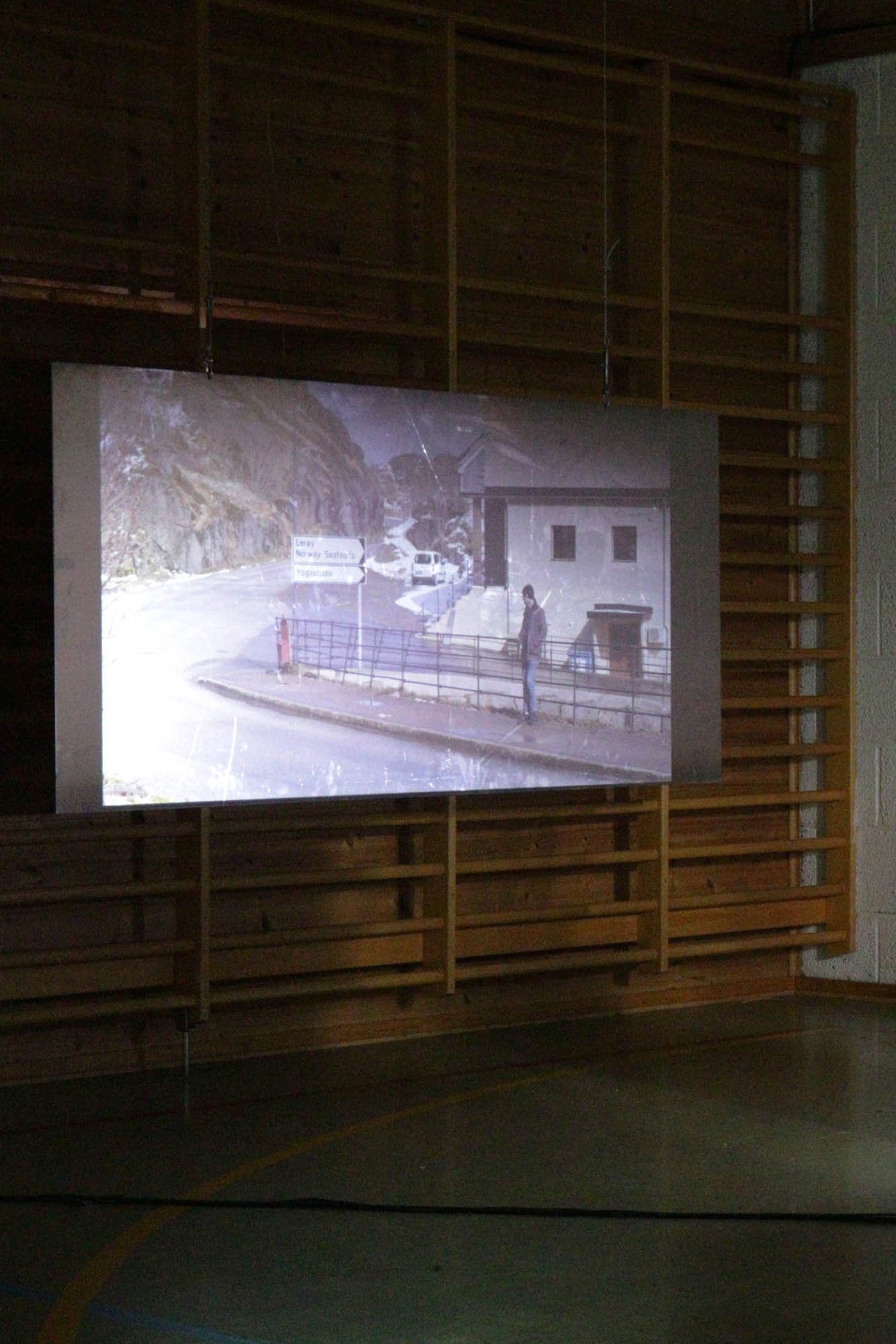   En Skuespillers Arbeid Med Seg Selv,  two channel video (29 min), projection on aluminium plates, by Gustav O Gunvaldsen .  Photo by NKFS. 