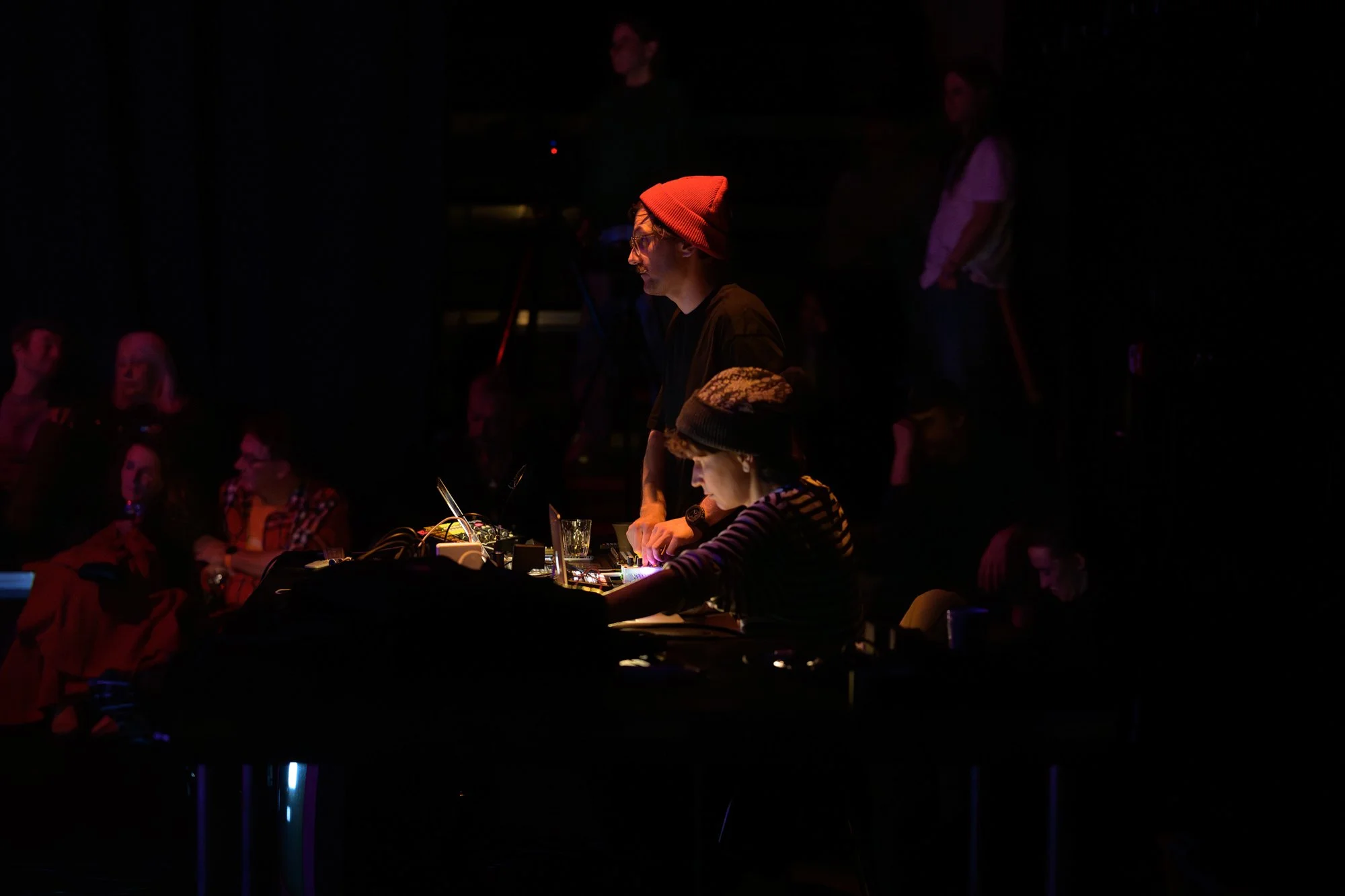  visual artist 1999Q and sound artist Marina Karpova in Samovar Theater’s&nbsp; Transitions/Distortions.  Photo from work-in-progress presentation during Kulturnatta in Kirkenes. Photo:&nbsp;Kjell Gunnar Monsen 