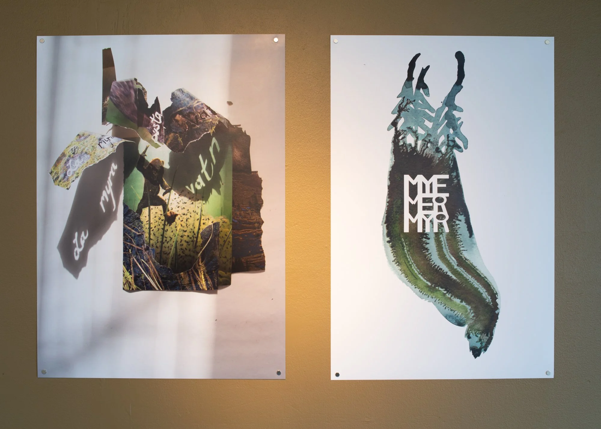   F.V.:    La myra puste vatn  (2024), plakat av Randi Nygård.   Mye mer myr  (2024), plakat av Søssa Jørgensen.  Foto: Mihály Stefanovicz/Tromsø Kunstforening.   