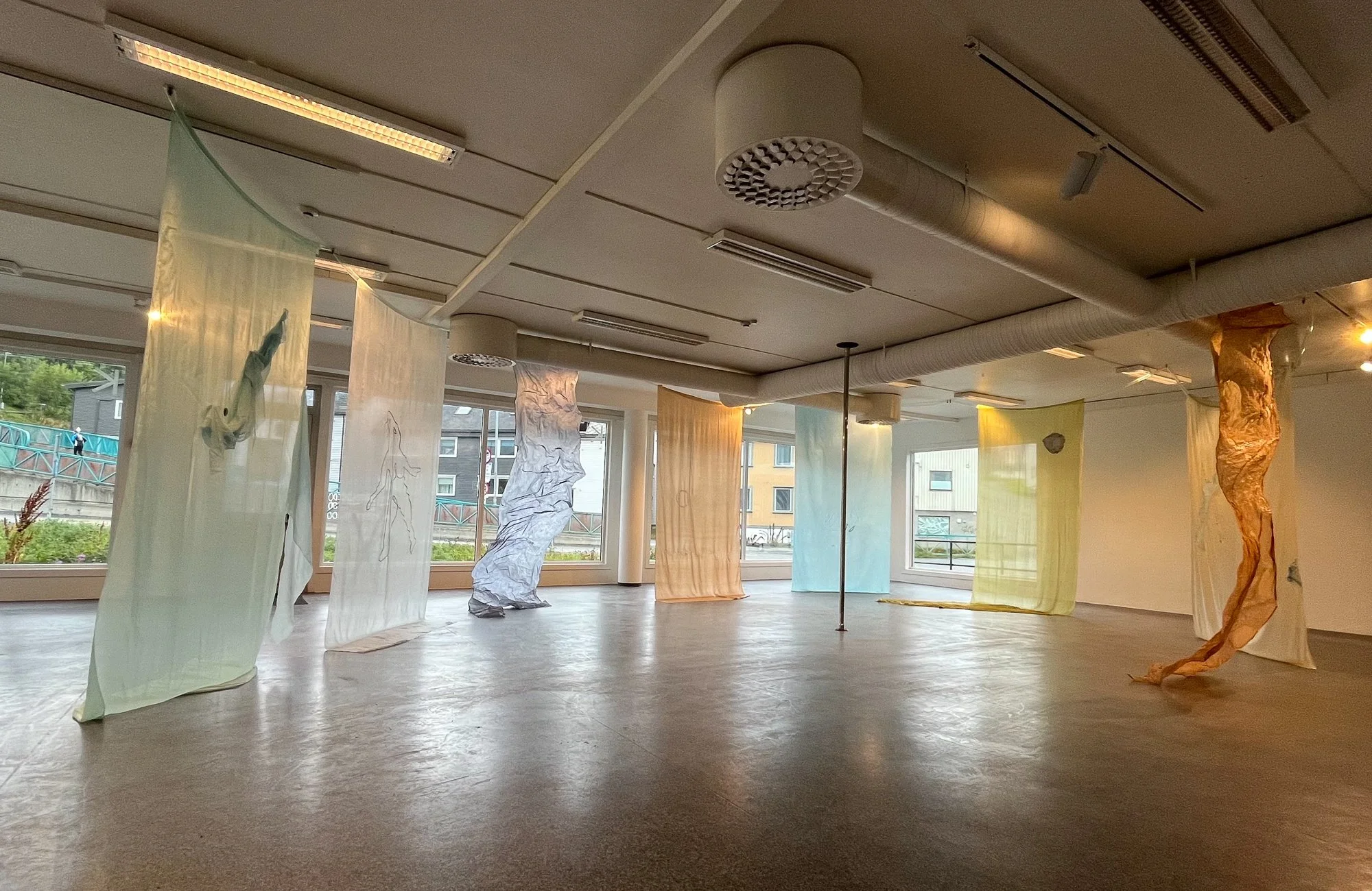   Akse  (2025). Installasjon av Sunneva Elvarsdóttir i silke farget med vaid, bjørk, bønner og løk, reflekstråd, andre tråder, oljepastell, krom, Størrelse varierer. Verket inngår i utstillinga  Ei flytende linje ~ En svevende sirkel  hos Kurant visn