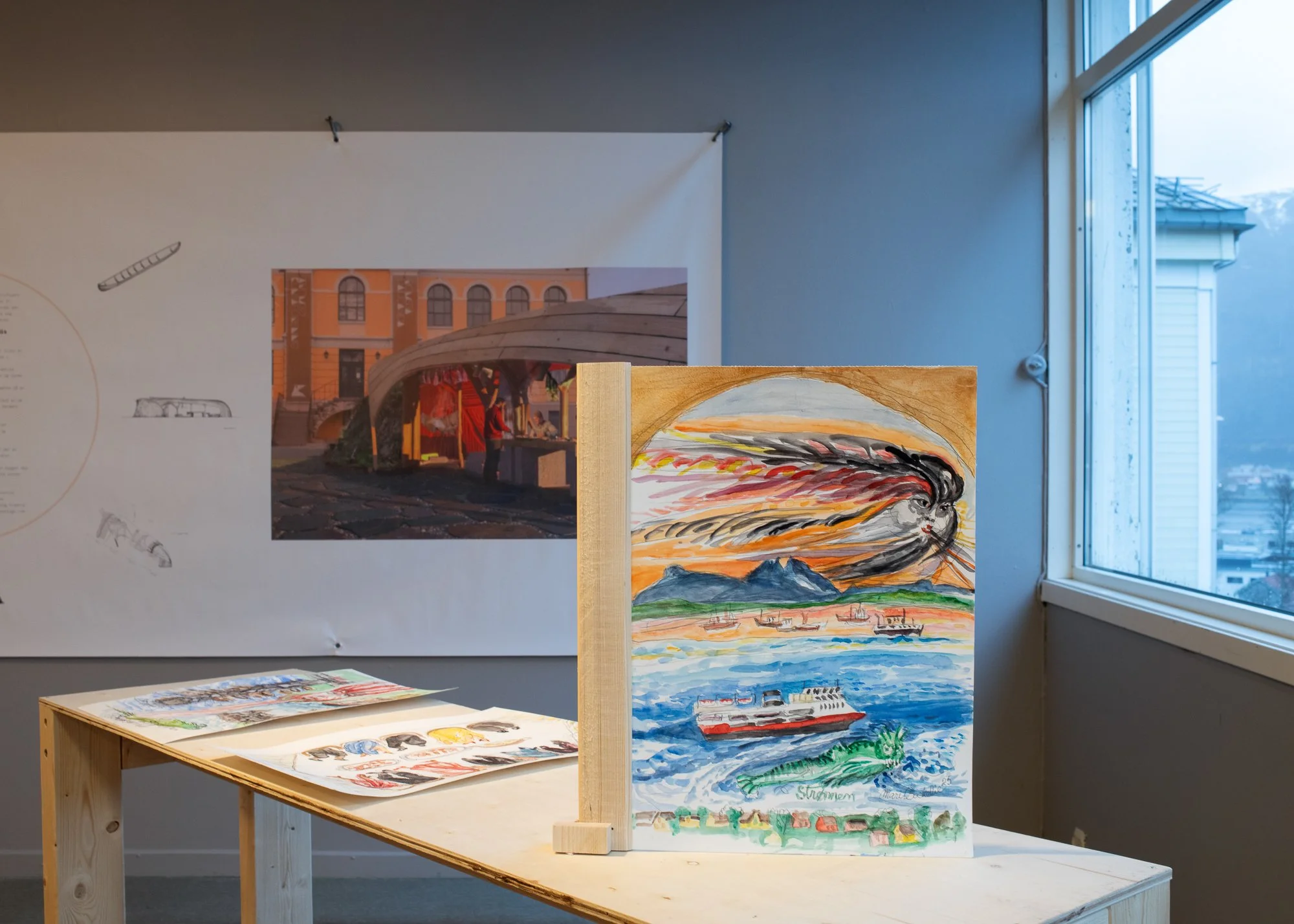  Skisser av Marit Bockelie, del av verket Vuoššangoahti / Kokegamme av Joar Nango i samarbeid med Bockelie, Eystein Talleraas og Arne-Terje Sæther. Foto: Mihály Stefanovicz / Tromsø Kunstforening 