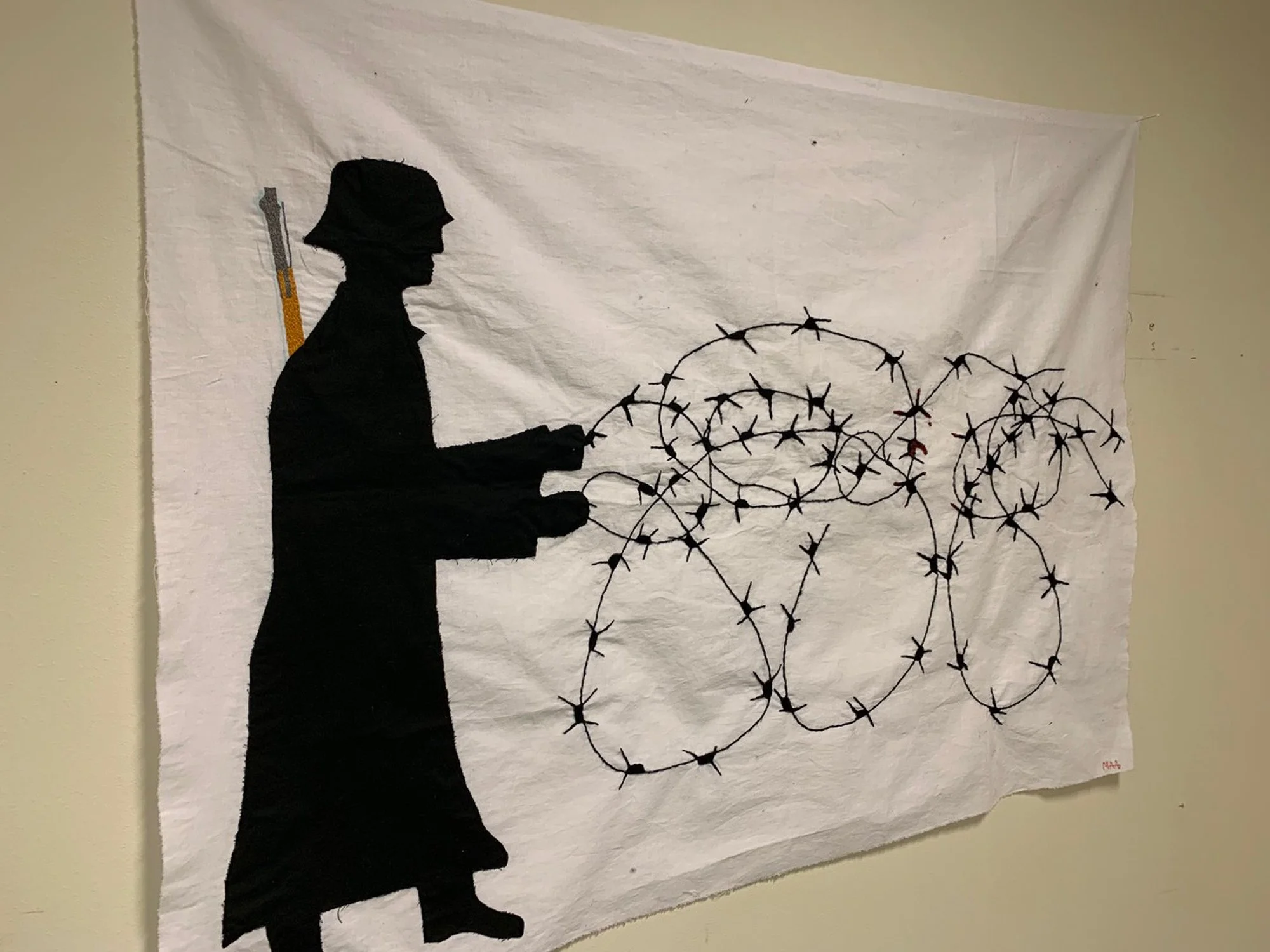   From Beisfjord with Love  (2018), embroidery on cotton by Marsil Andjelov Al-Mahamid. The work is part of the textile series entitled  Remembrance . Photo:  Marsil Andjelov Al-Mahamid  