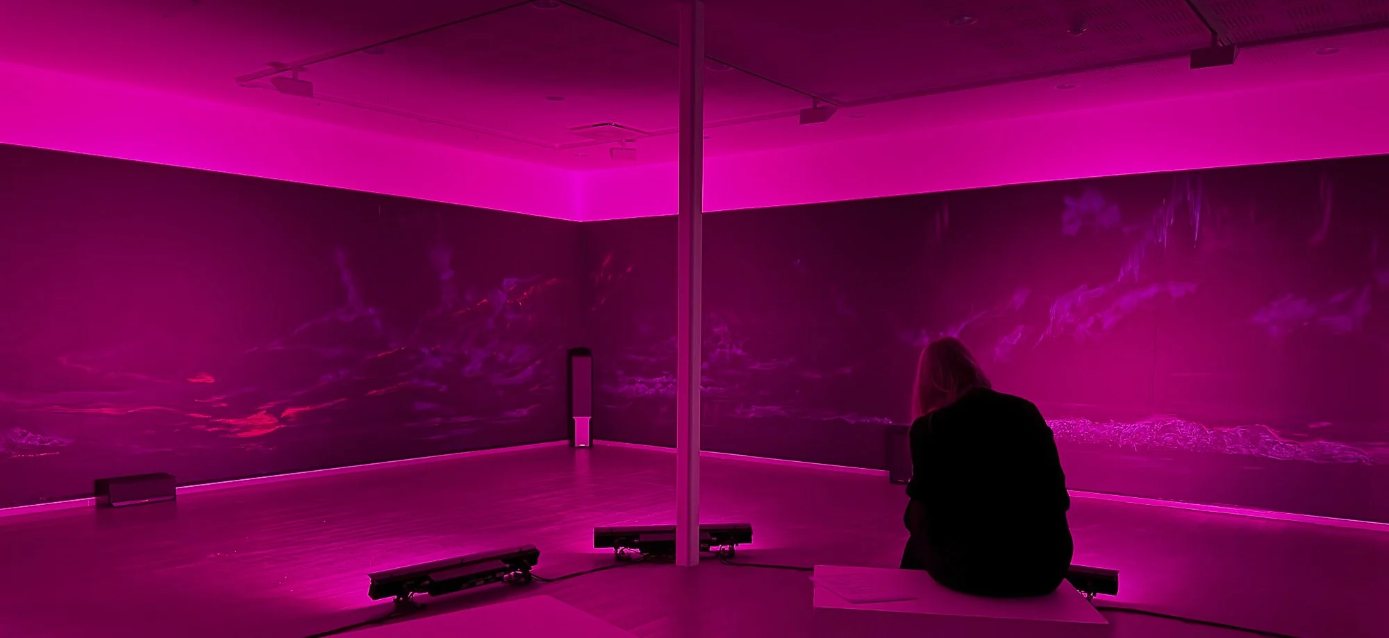   Line / atmosphere  (2026) av Ingeborg Annie Lindahl og Trond Lossius. Ubehandlet farget kritt-tegning på malt vegg, H 2,4m B 12m + H 2,4m B 9m farget lys og immersiv lyd (7 kanaler).&nbsp;Foto: Trond Lossius 