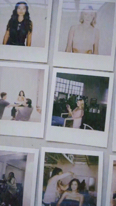 Collection of six Polaroid photos on a wall, featuring various people in indoor settings, including women posing, sitting at a table, and engaging in conversations.