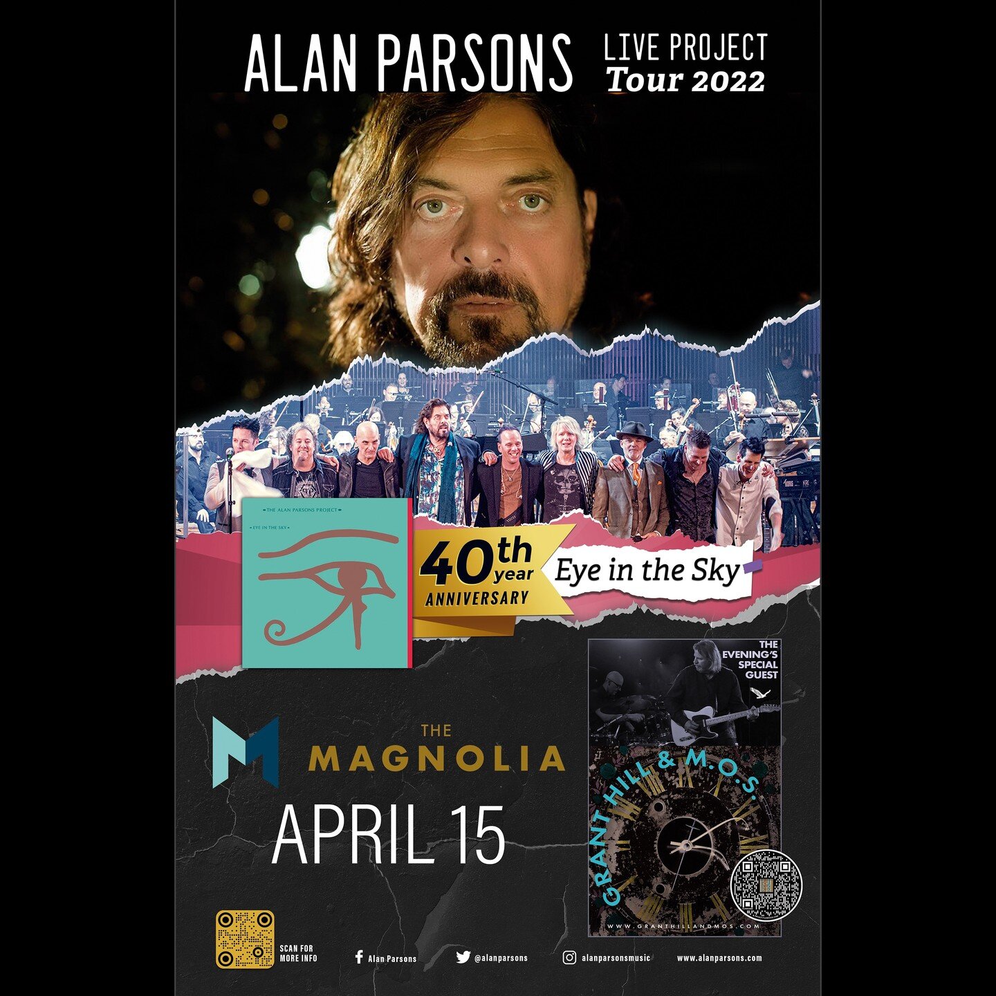 ALAN PARSONS LIVE PROJECT TOUR 2022 AT THE MAGNOLIA
OPENING ACT GRANT HILL &amp; M.O.S.
Friday&mdash;APRIL 15
ADVANCE TICKETS AT https://concerts.livenation.com/the-alan-parsons-live-project-el-cajon-california-04-15-2022/event/0B005C24BCDE11DD

The 