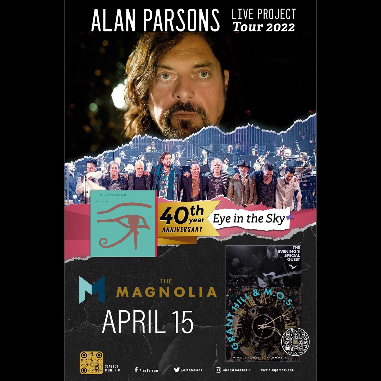 TOMORROW
ALAN PARSONS LIVE PROJECT TOUR 2022 AT THE MAGNOLIA
OPENING ACT GRANT HILL &amp; M.O.S.
Friday&mdash;APRIL 15
ADVANCE TICKETS AT https://concerts.livenation.com/the-alan-parsons-live-project-el-cajon-california-04-15-2022/event/0B005C24BCDE1