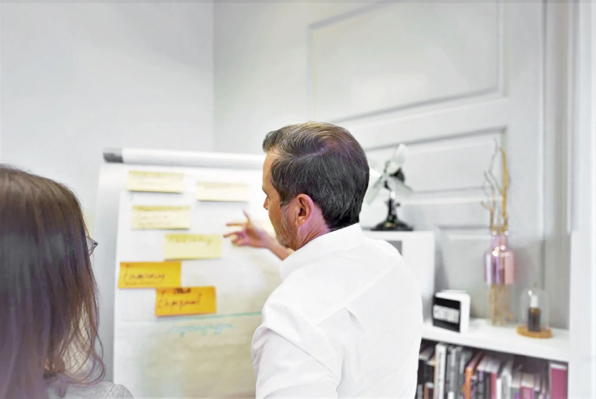 Zwei Personen stehen vor einem Flipchart mit Notizen.