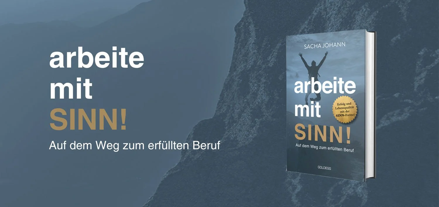Buchcover 'arbeite mit SINN!' von Sacha Johann, zeigt eine Silhouette einer jubelnden Person am Berghang, mit dem Untertitel 'Auf dem Weg zum erfüllten Beruf' und einem Gütesiegel mit der Aufschrift 'Erfolg und Lebensqualität mit der SINN-Formel'. Hintergrund in Blautönen.