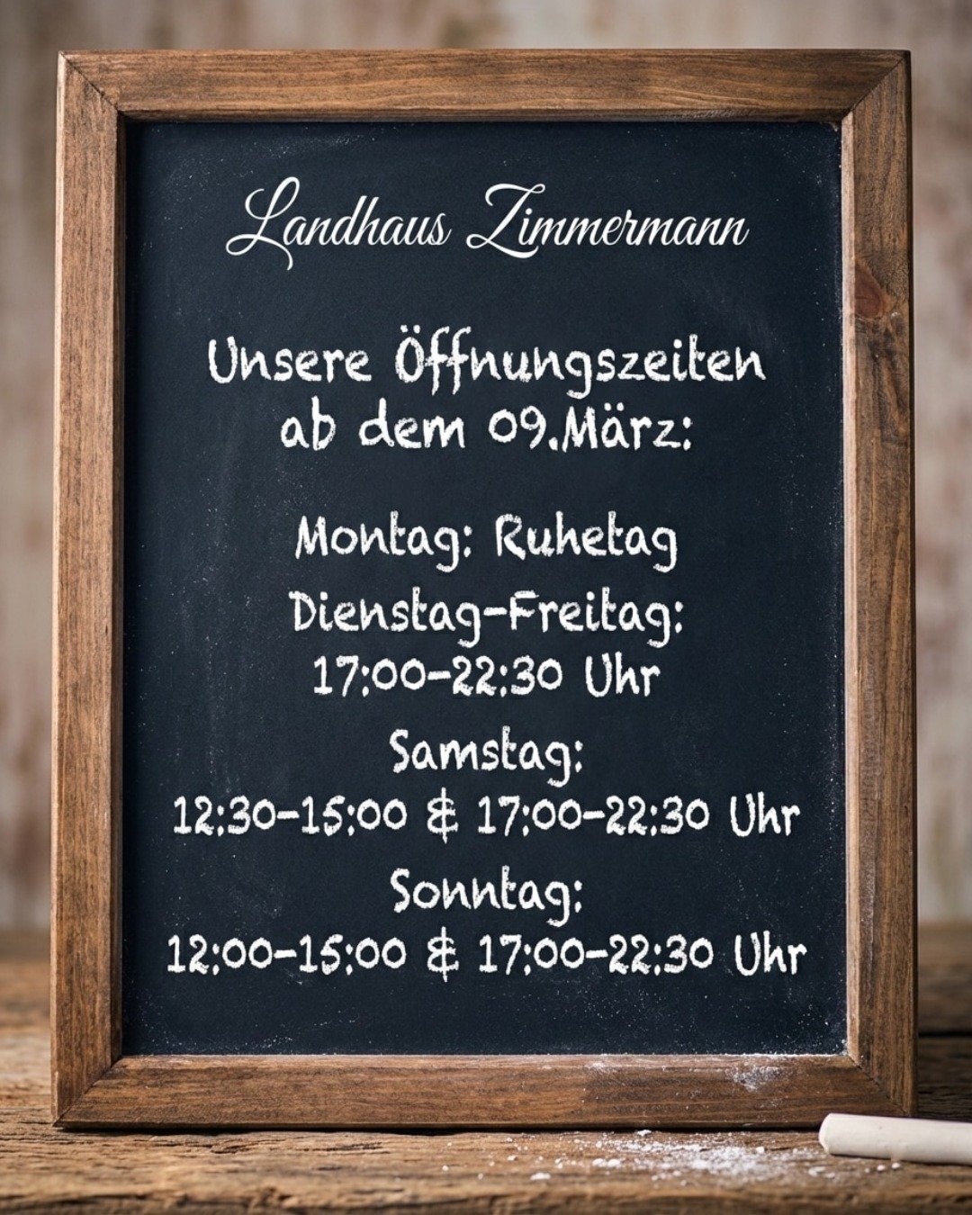 Unsere &Ouml;ffnungszeiten ab dem 09.M&auml;rz:

Montag: Ruhetag

Dienstag-Freitag: 17:00-22:30 Uhr

Samstag:
12:30-15:00 &amp; 17:00-22:30 Uhr

Sonntag:
12:00-15:00 &amp; 17:00-22:30 Uhr
