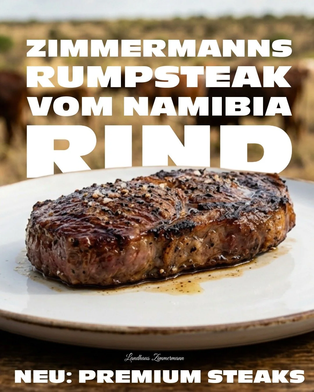 Rumpsteak vom Namibia Rind 
ca. 250g 

Namibia Rind - mit Gras gef&uuml;tterte Rinder, die auf der Weide geboren und
aufgezogen werden, wo sie stressfrei grasen k&ouml;nnen. Die Marmorierung sorgt f&uuml;r
einen reicheren, s&uuml;&szlig;eren Geschmac