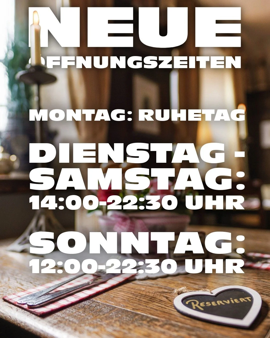 Neue &Ouml;ffnungszeiten:

Montag: Ruhetag
Dienstag - Samstag: 14:00-22:30 Uhr
Sonntag: 12:00-22:30 Uhr