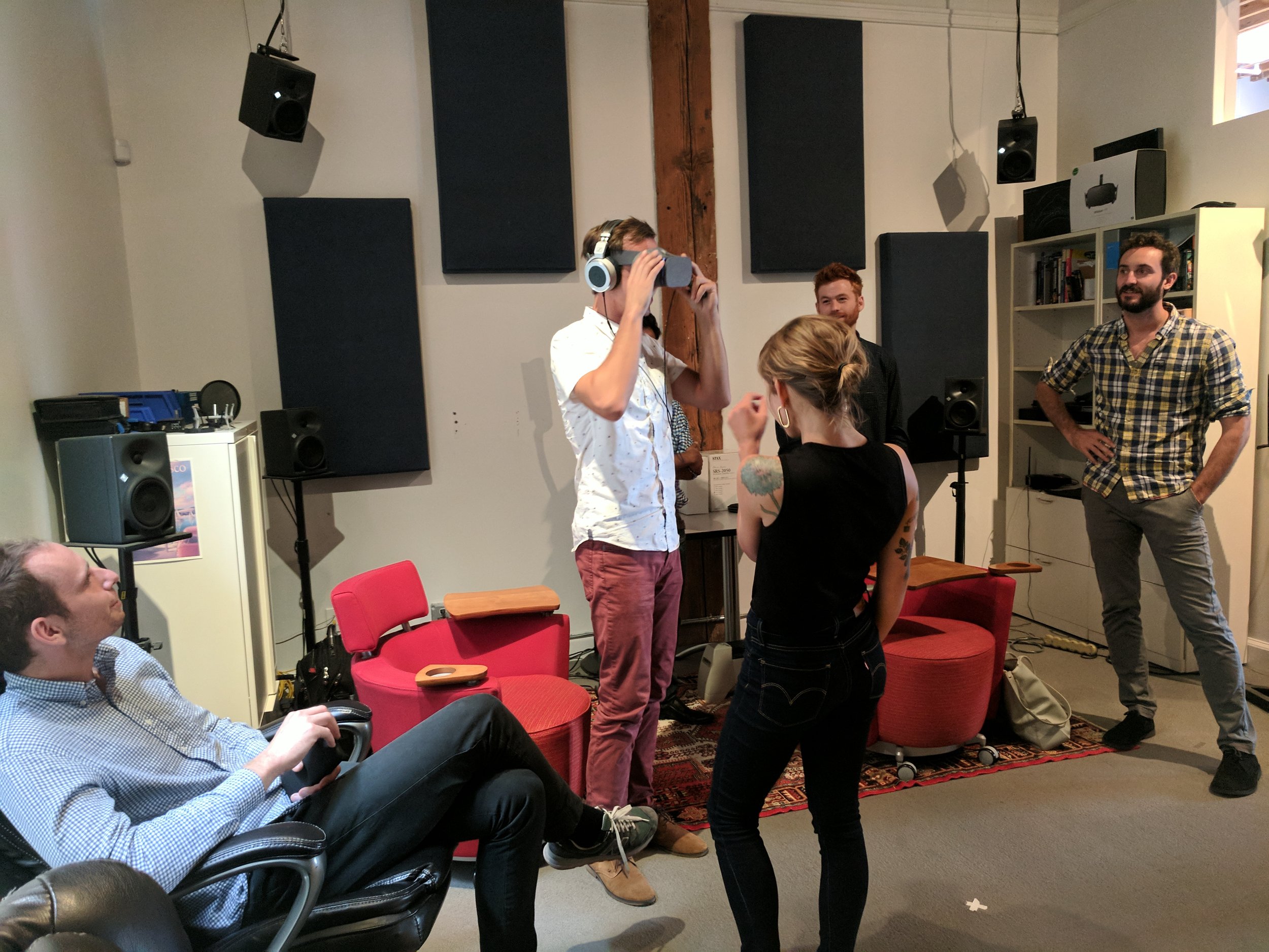 Demoing a new 3D immersive audio for VR in Sennheiser San Francisco’s in-house studio with Sebastian Chafe, Strategic Innovation Manager.