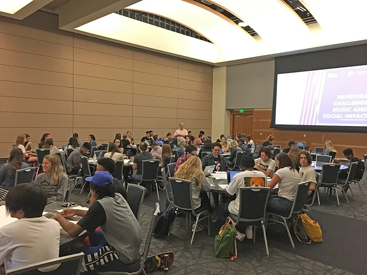 MTSU Recording Industry students work Monday, Oct. 9 2017, in the Student Union Ballroom on a social media marketing campaign on behalf of the music group Manchester Orchestra as part of the Pandora Challenge. The campaign will help the 1 Million 4 Anna Foundation, which is dedicated to fighting Ewing sarcoma and supported by the music group.
