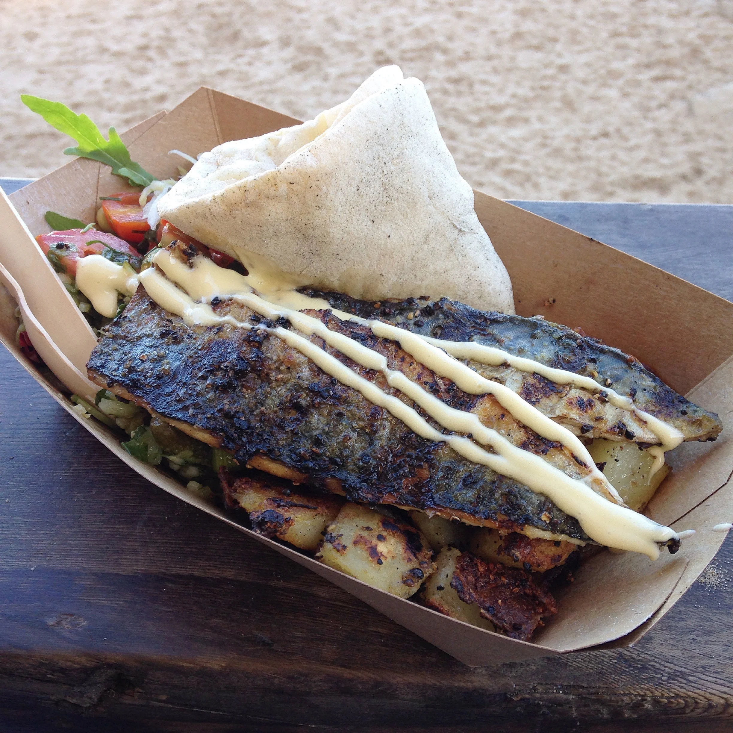 Mackerel wrap with roast potato salad