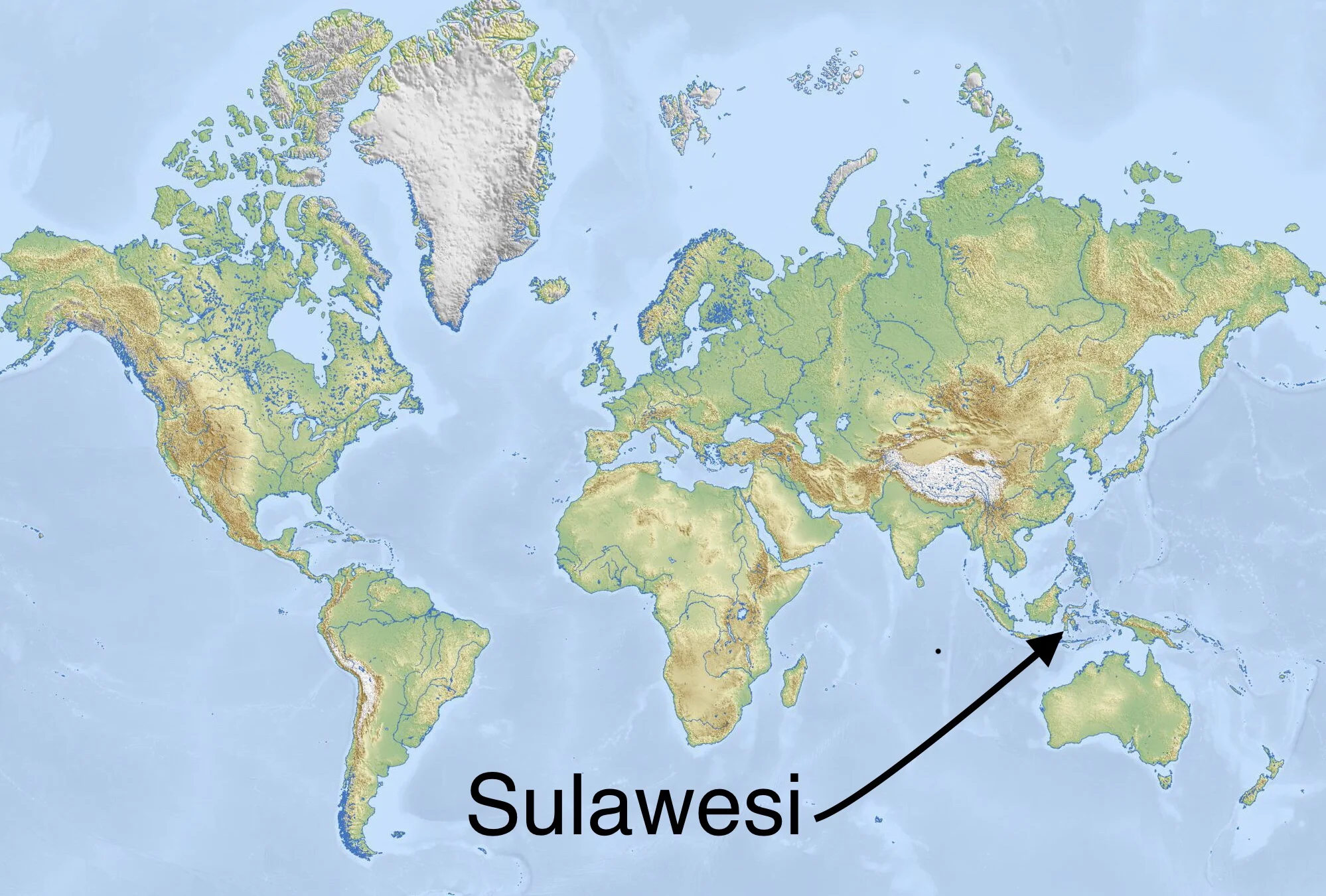 Map showing Sulawesi part of Indonesia. Shapes a little like a starfish.