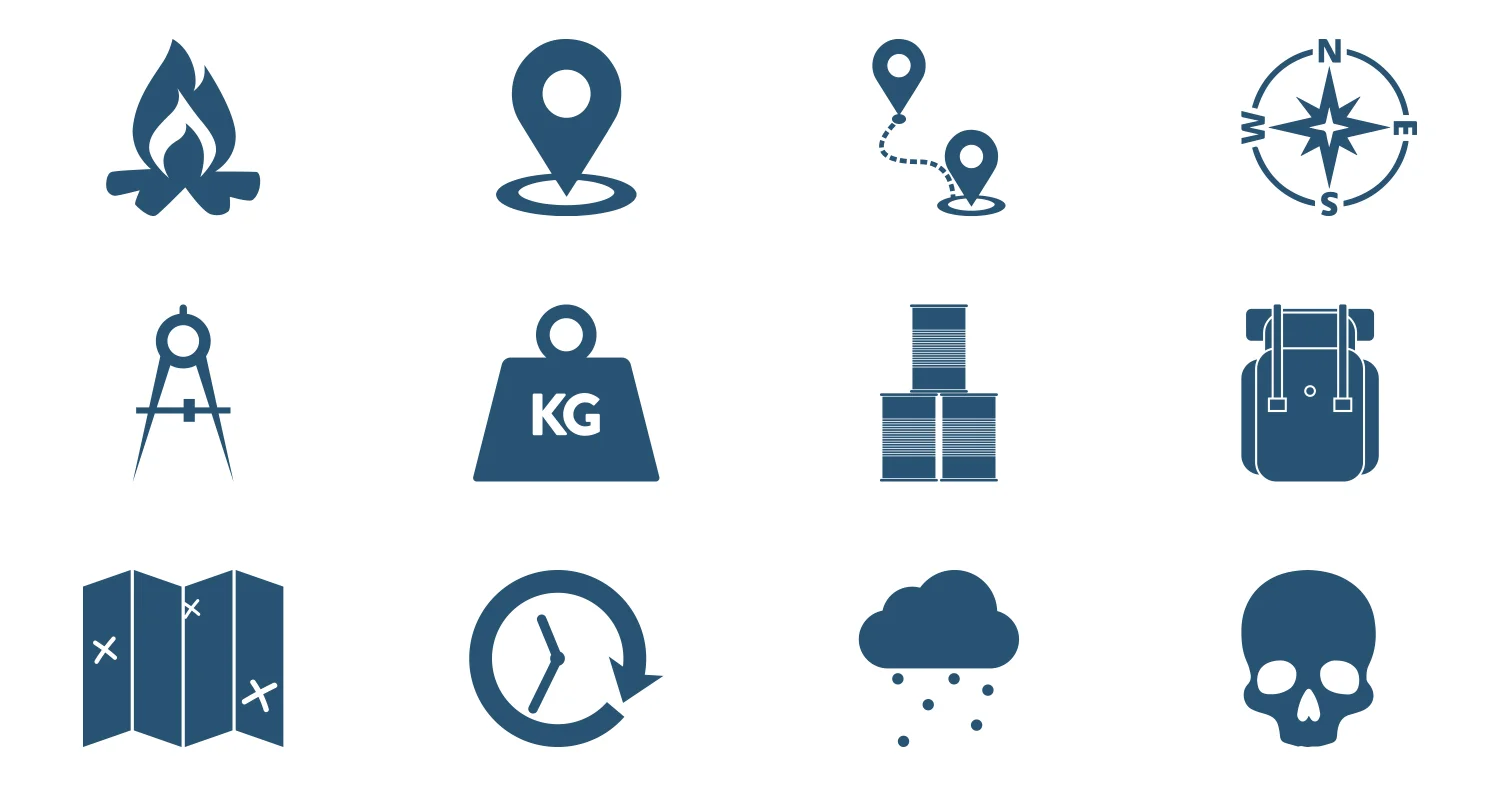 Icon set designed for the Skilled Survival book. Each icon represents it's chapter subject