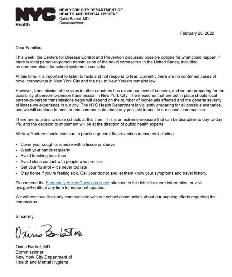 NYC Department of Education Coronavirus Update Letter/Carta de actualización del Coronavirus del