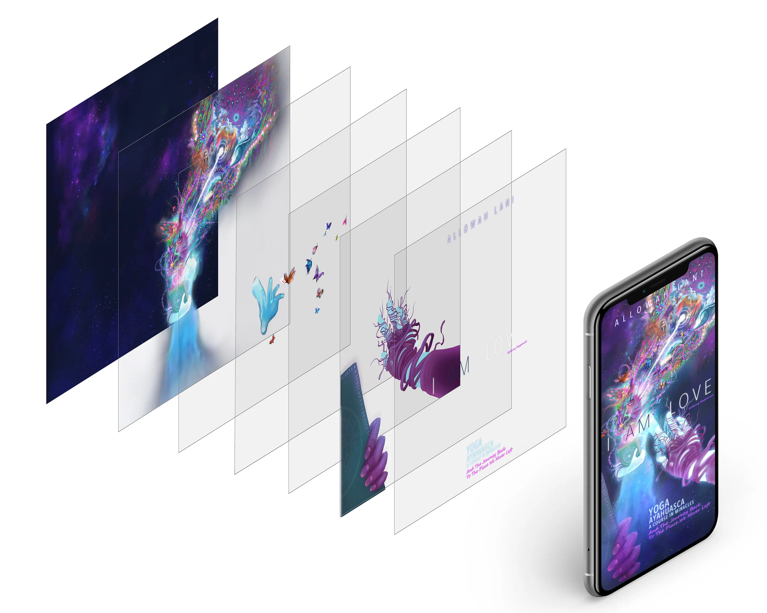 This image is an example of what is happening behind the scenes with this effect. The book cover is separated into individual layers receding in 3D space, to give the illusion of looking into the art with depth of field.
