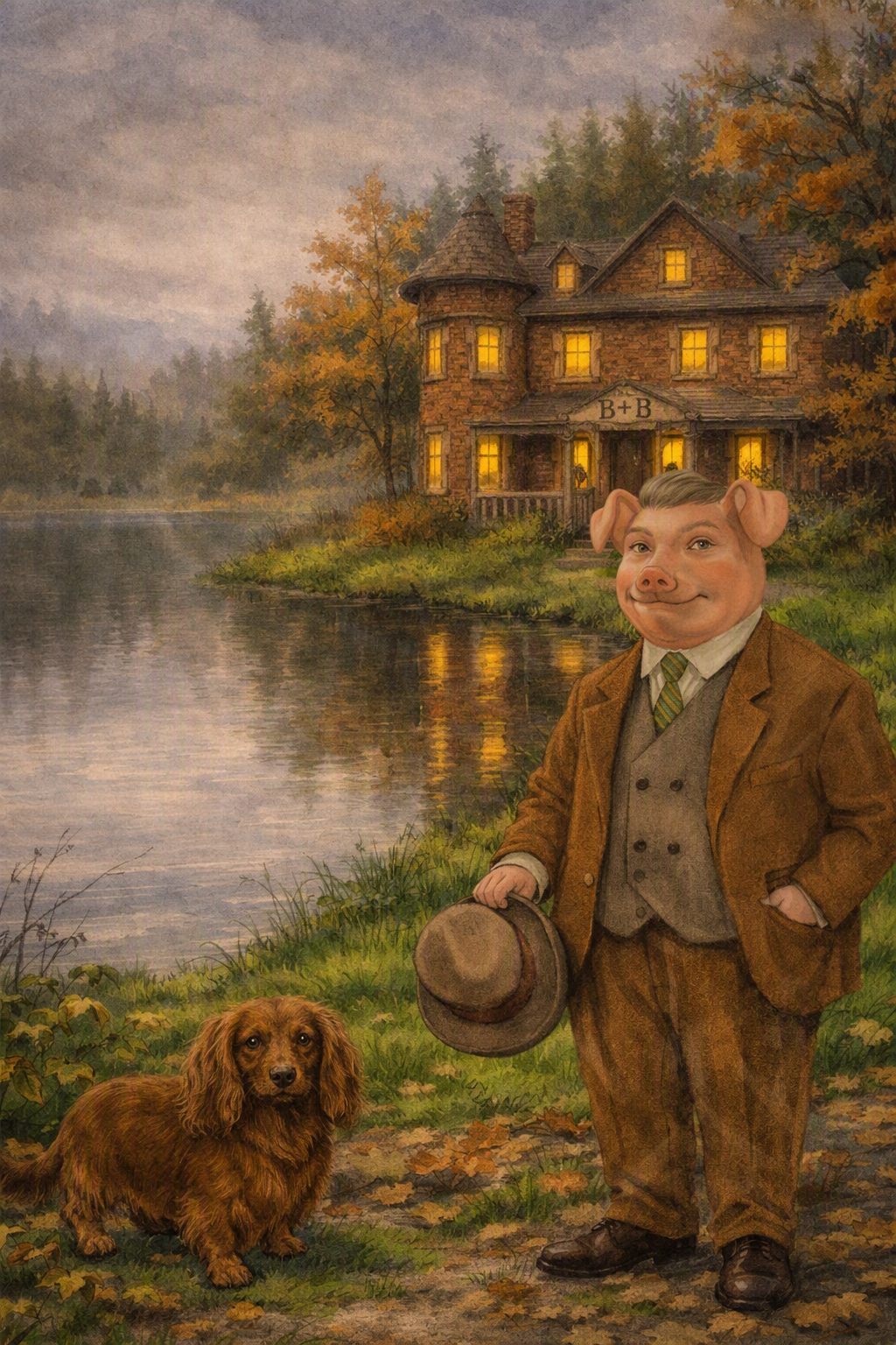 Picture of Porkington Hamm standing in front of the haunted house. Beside him is a long-haired dachshund.