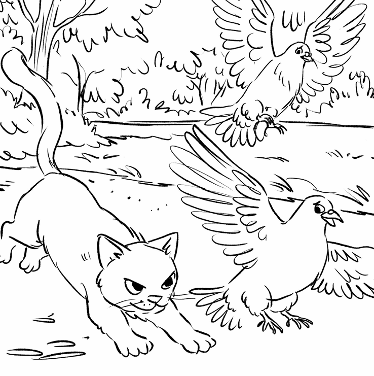 Sketch of Gray Kitty in the park chasing away the pesky pigeons.