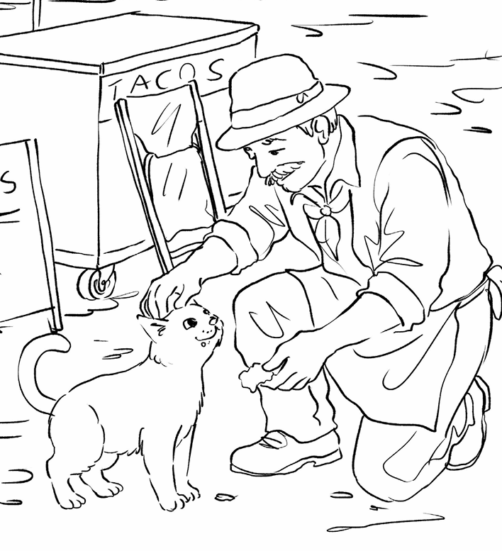 Kindly taco man gives the hungry kitty some food.