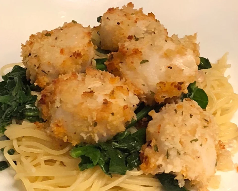 Scallops with Spinach over Angel Hair Pasta