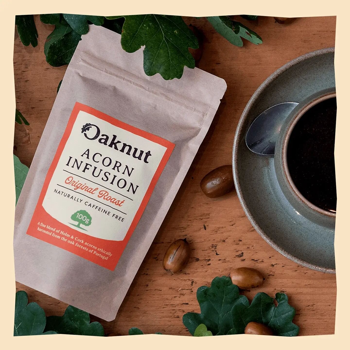 Oaknut - Brand Identity &amp; Packaging Design. 

A hand-roasted caffeine-free hot drink made from 100% acorn; a natural &amp; sustainable alternative to tea and coffee. 2/3

Oaknut: @oaknut_living
Photography: @tristanphotography.co.uk
Labels: @the_