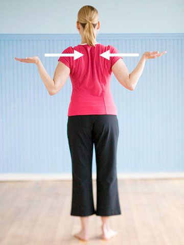 Serving Trays : Arms out to the side with elbows bent, squeeze shoulder blades together and open arms a little- the shoulder blade squeeze should be the part that opens the arms. Keep abs strong so that you don’t arch back as you squeeze the shoulder blades.
