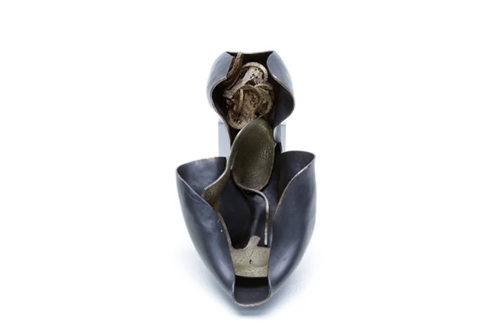   Nostalgia body-vessel: body abstraction.&nbsp; Formed, etched, electroformed copper alloys with liver of sulfur patina. 2015 