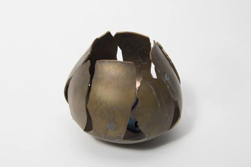  Nostalgia body-vessel: pipe. Etched copper alloy with found object. 2014 