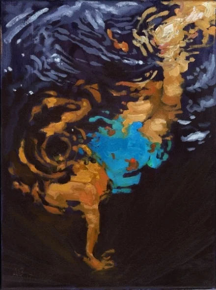 Swimmer (orange disintegrate) . Oil on canvas, 12 in. x 16 in. (SOLD)