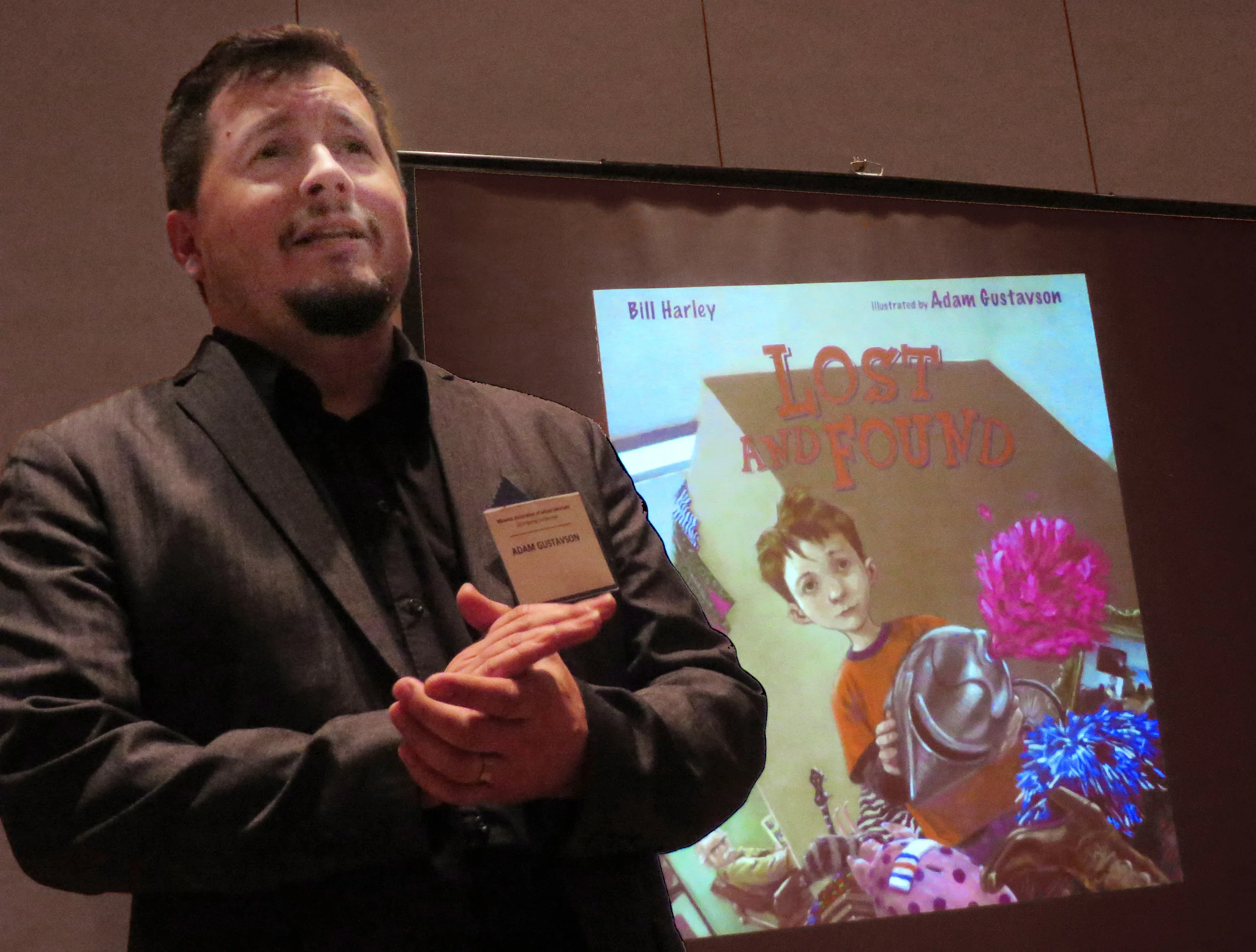Speaking at the Young Readers Conference in Fort Hays, Kansas, 2014. 