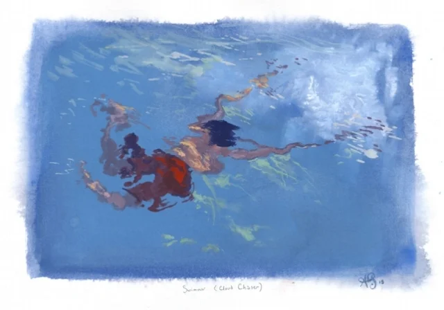Swimmer (cloud chaser) . Gouache on paper, 6 in. x 9 in. (SOLD)