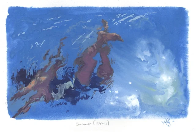 Swimmer (Icharus) . Gouache on paper, 6 in. x 9 in.