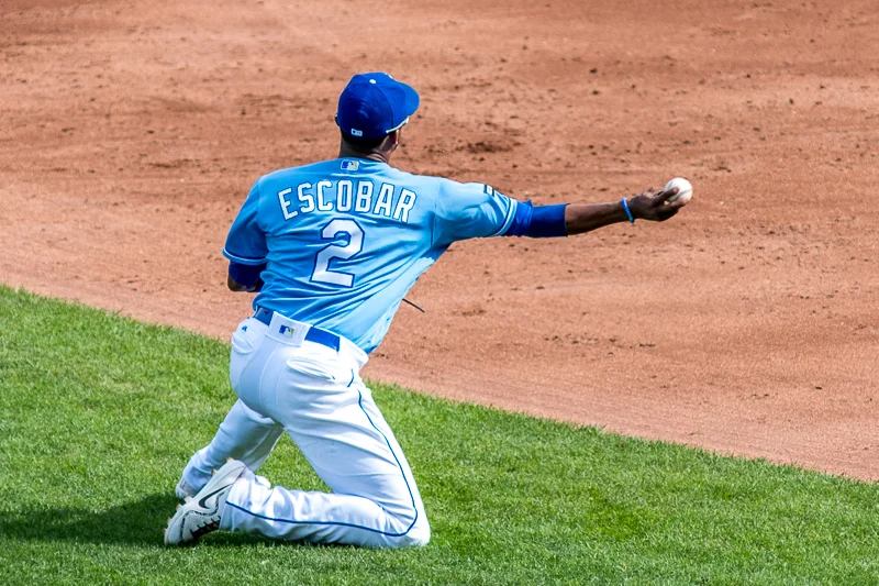 In the top of the third inning, Escobar flashed some of his amazing defense. After diving to his right to field a ground ball, he throws to Whit Merrifield at second.