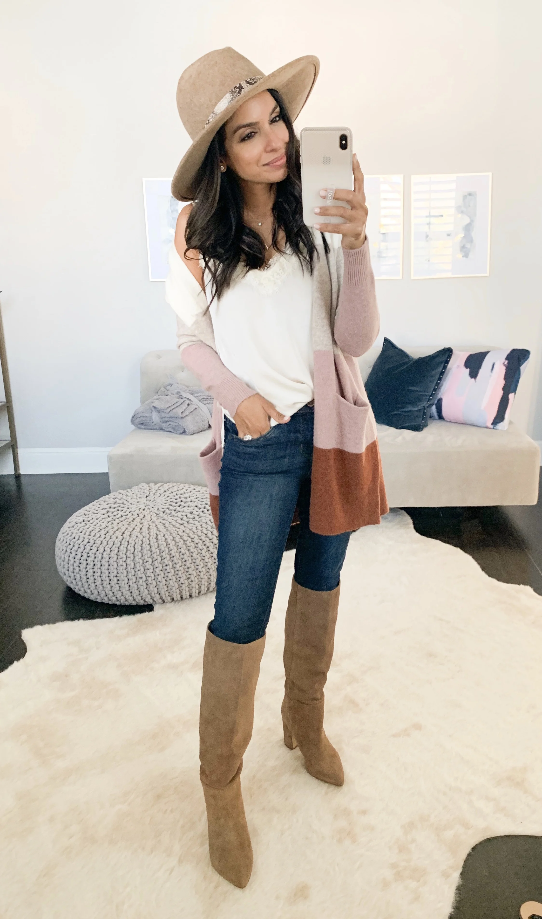 Cardigan (XXS) // Hat // Cami (XXS) // Boots (TTS) // Jeans (TTS)