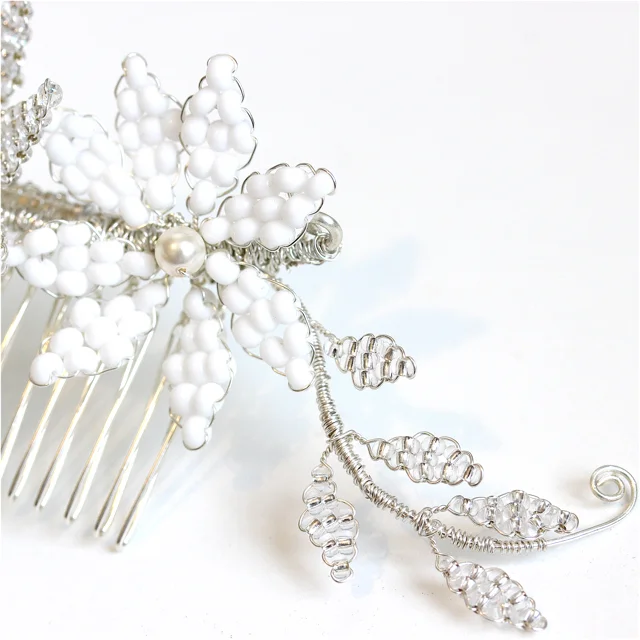 Kalini Silver & White Hand Beaded Hair Comb Close Up.jpg